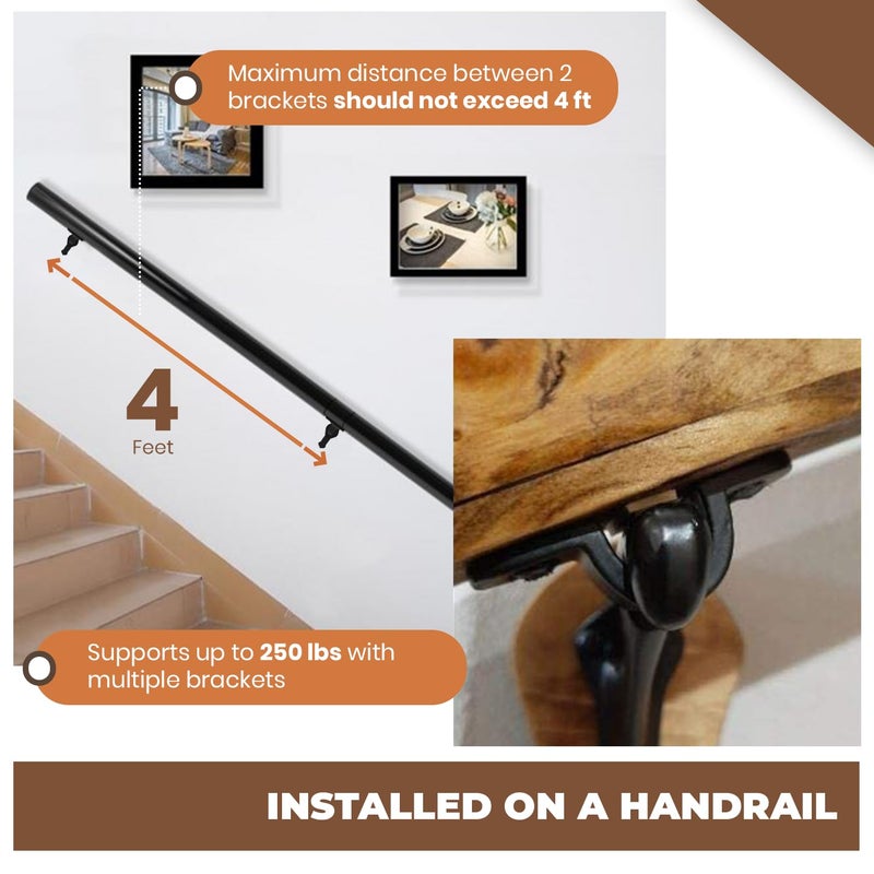 A29 Set of 8 Heavy Duty Metal Handrail Brackets - Cast Iron Hand Railing Brackets for Stairs - Black Powder Coat Steel Banister Support for Indoor, Outdoor Stairway Mounting Hardware Included - Image 5